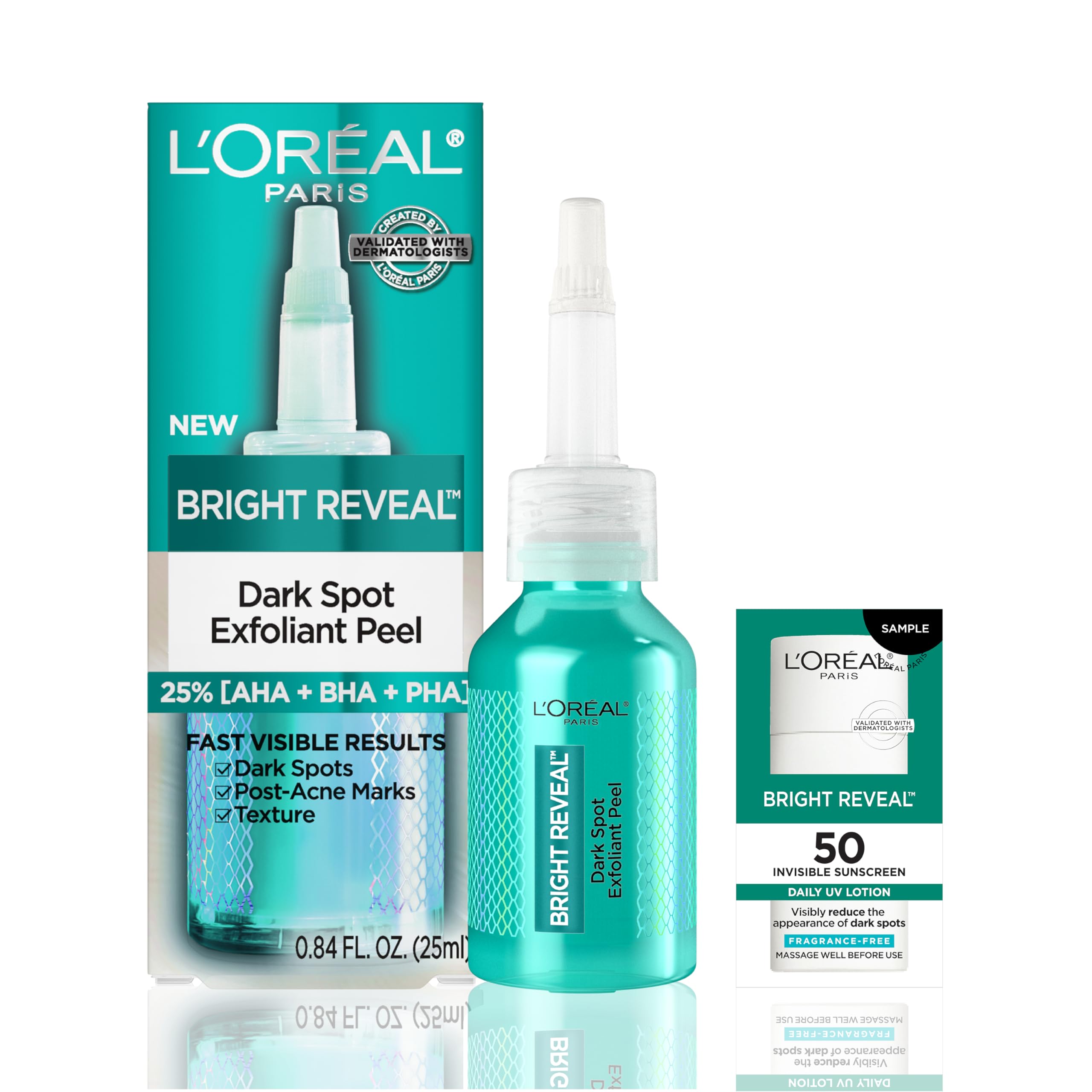 L'Oreal Paris Bright Reveal Dark Spot Exfoliant Peel, 25% AHA BHA PHA Face Exfoliator Solution, Gentle Skincare to Visibly Reduce Dark Spots and Renew Skin Texture, Includes SPF Lotion Sample in Pakistan