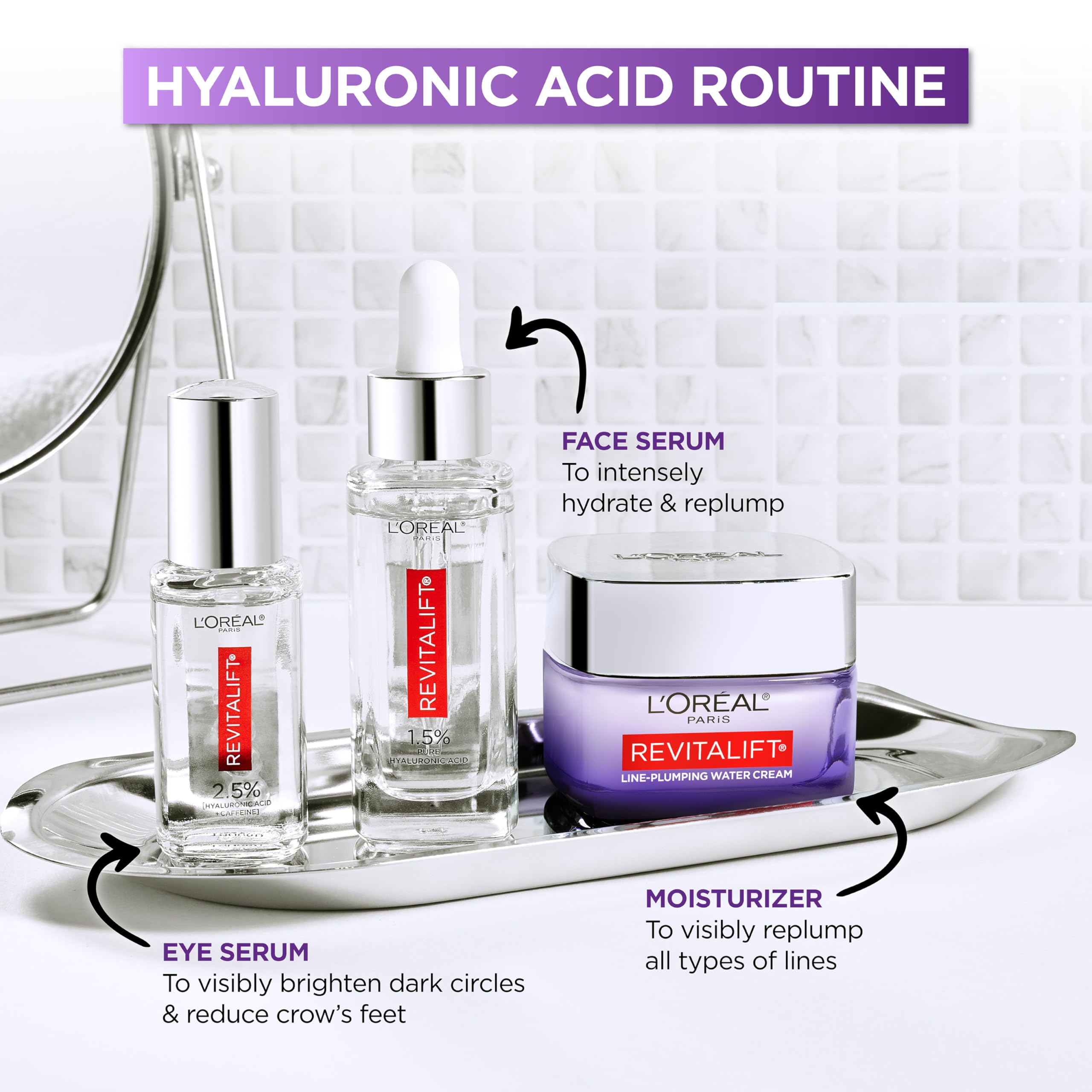 L'Oreal Paris Revitalift Hyaluronic Acid + Caffeine Hydrating Eye Serum for Dark Circles, Fragrance Free .67 fl. oz + Moisturizer Sample in Pakistan