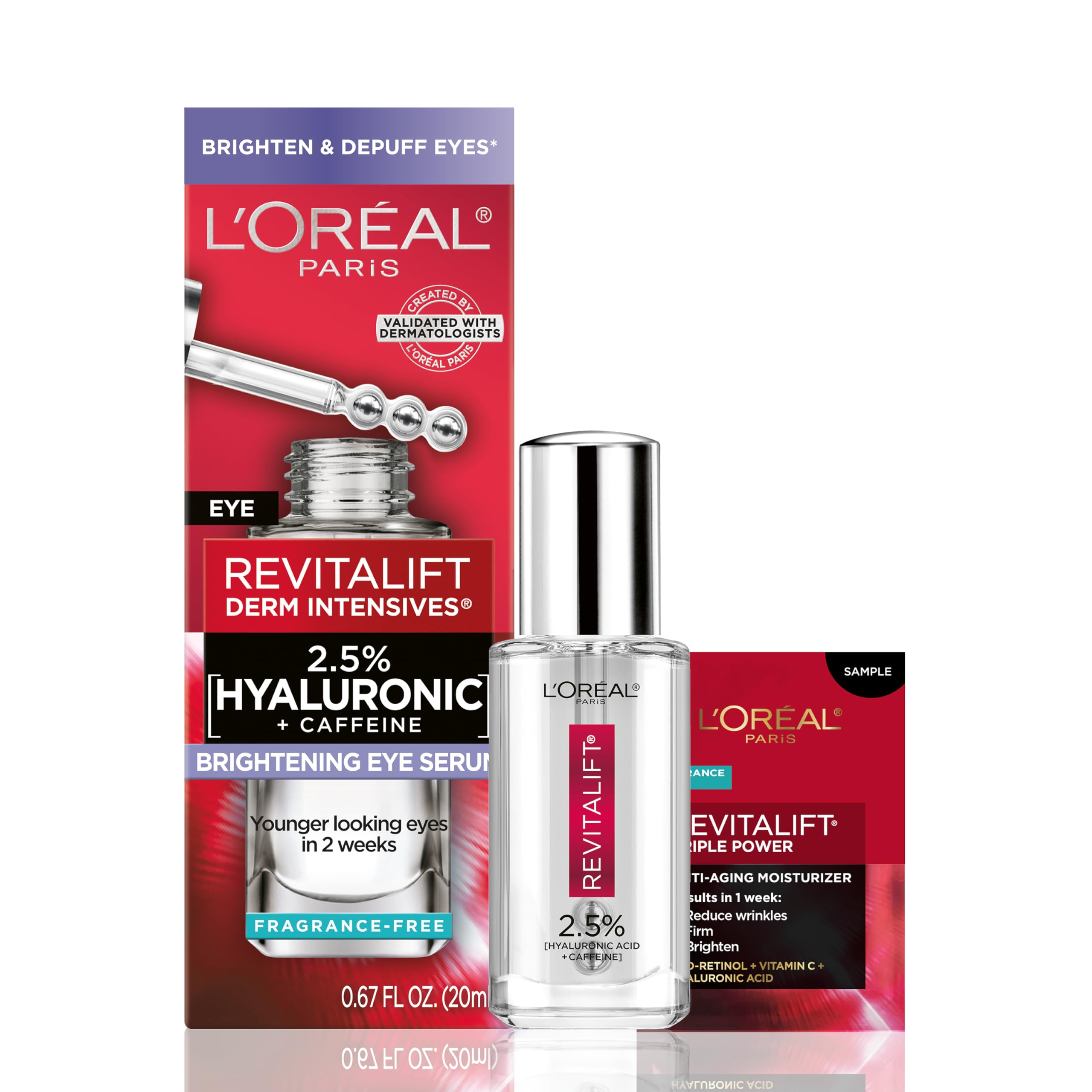 L'Oreal Paris Revitalift Hyaluronic Acid + Caffeine Hydrating Eye Serum for Dark Circles, Fragrance Free .67 fl. oz + Moisturizer Sample in Pakistan
