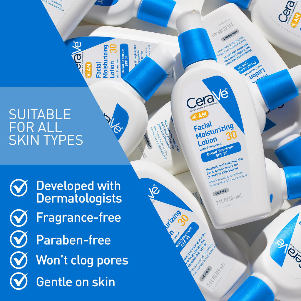 CeraVe AM Facial Moisturizing Lotion with SPF 30, Oil-Free Face Moisturizer with SPF, Formulated with Hyaluronic Acid, Niacinamide & Ceramides, Non-Comedogenic, Broad Spectrum Sunscreen in Pakistan